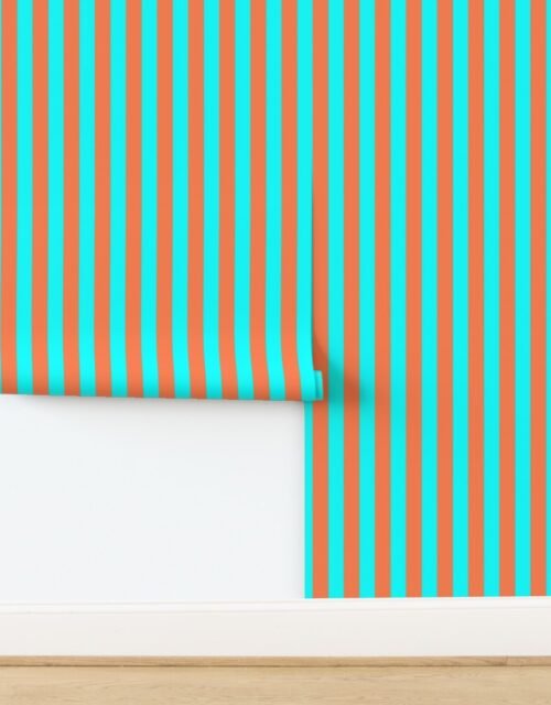 Bold Coastal Classic Coral and Aqua Cabana Tent Stripe Wallpaper