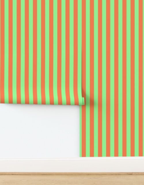 Bold Coastal Classic Coral and Mint Green Cabana Tent Stripe Wallpaper