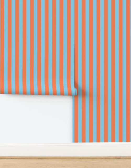 Bold Coastal Classic Coral and Sky Blue Cabana Tent Stripe Wallpaper