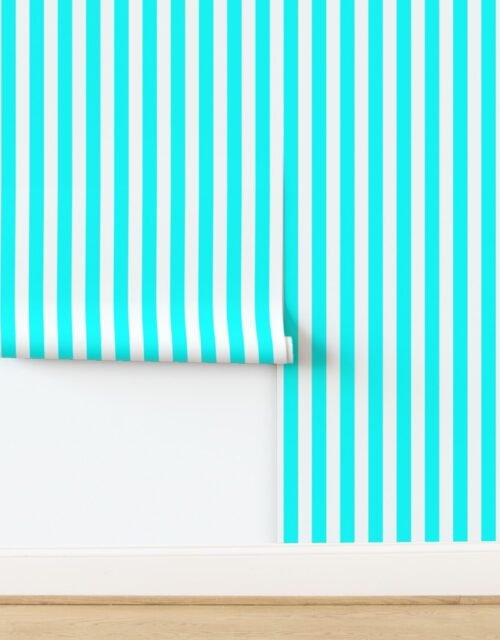Bold Coastal Classic Aqua and White Cabana Tent Stripe Wallpaper