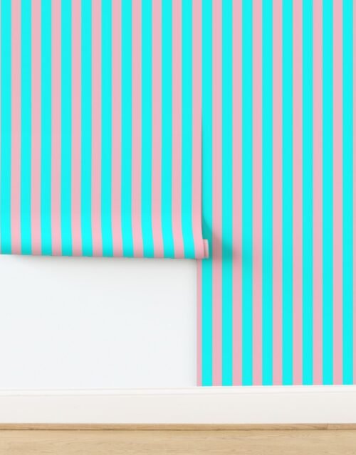 Bold Coastal Classic Aqua and Pink Cabana Tent Stripe Wallpaper