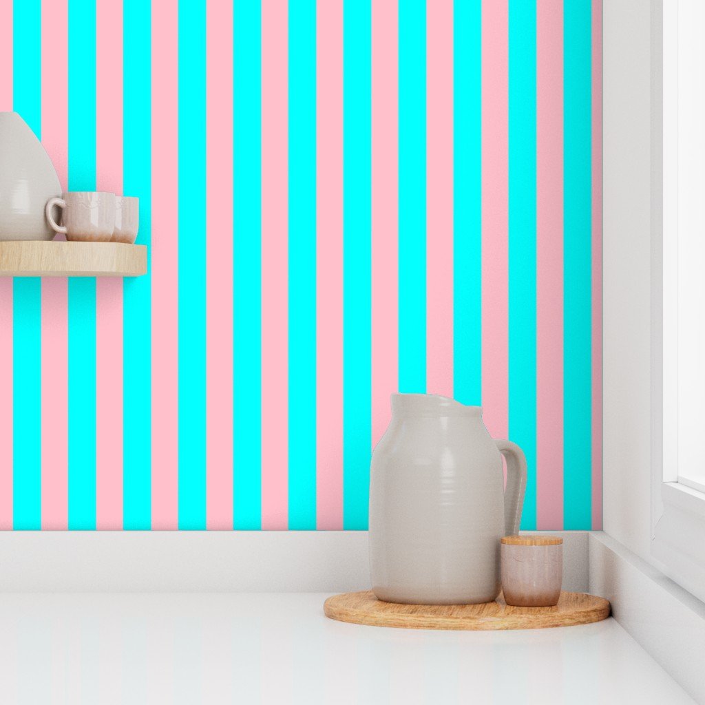 Bold Coastal Classic Aqua and Pink Cabana Tent Stripe Wallpaper