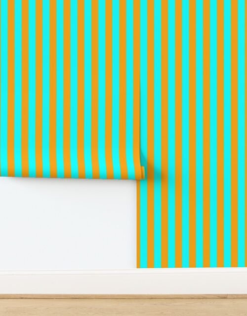 Bold Coastal Classic Aqua and Bright Orange Cabana Tent Stripe Wallpaper