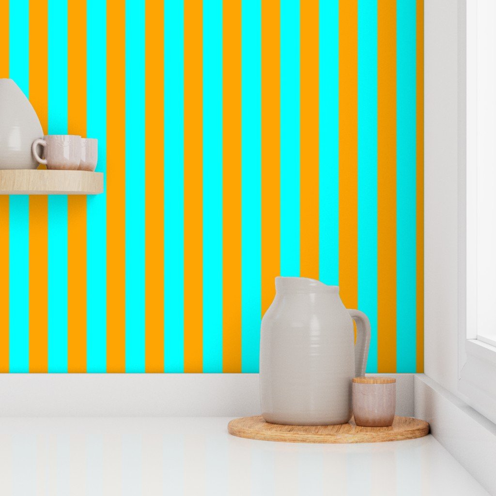 Bold Coastal Classic Aqua and Bright Orange Cabana Tent Stripe Wallpaper