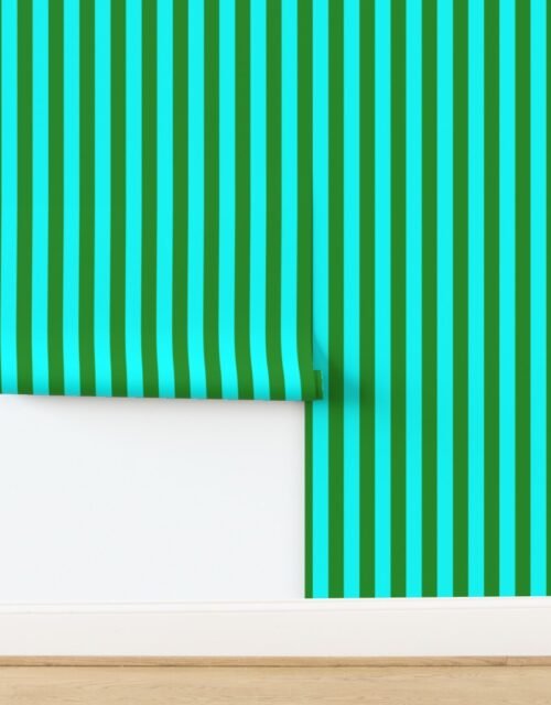 Bold Coastal Classic Aqua and Forest Green Cabana Tent Stripe Wallpaper