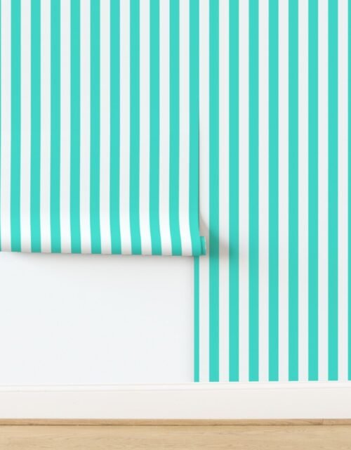 Bold Coastal Classic Turquoise and White Cabana Tent Stripe Wallpaper