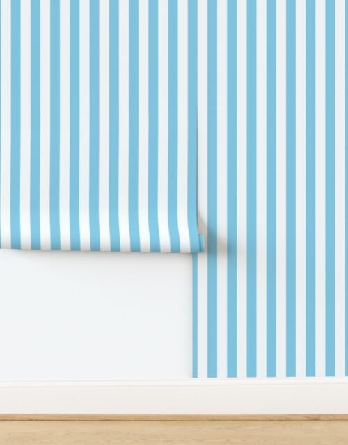 Bold Coastal Classic Sky Blue and White Cabana Tent Stripe Wallpaper