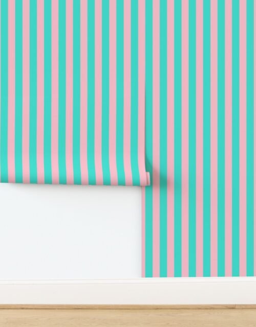 Bold Coastal Classic Turquoise and Pink Cabana Tent Stripe Wallpaper
