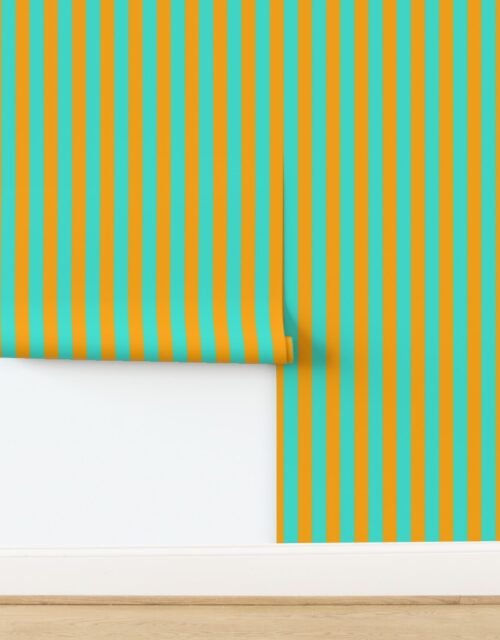 Bold Coastal Classic Turquoise and Bright Orange Cabana Tent Stripe Wallpaper