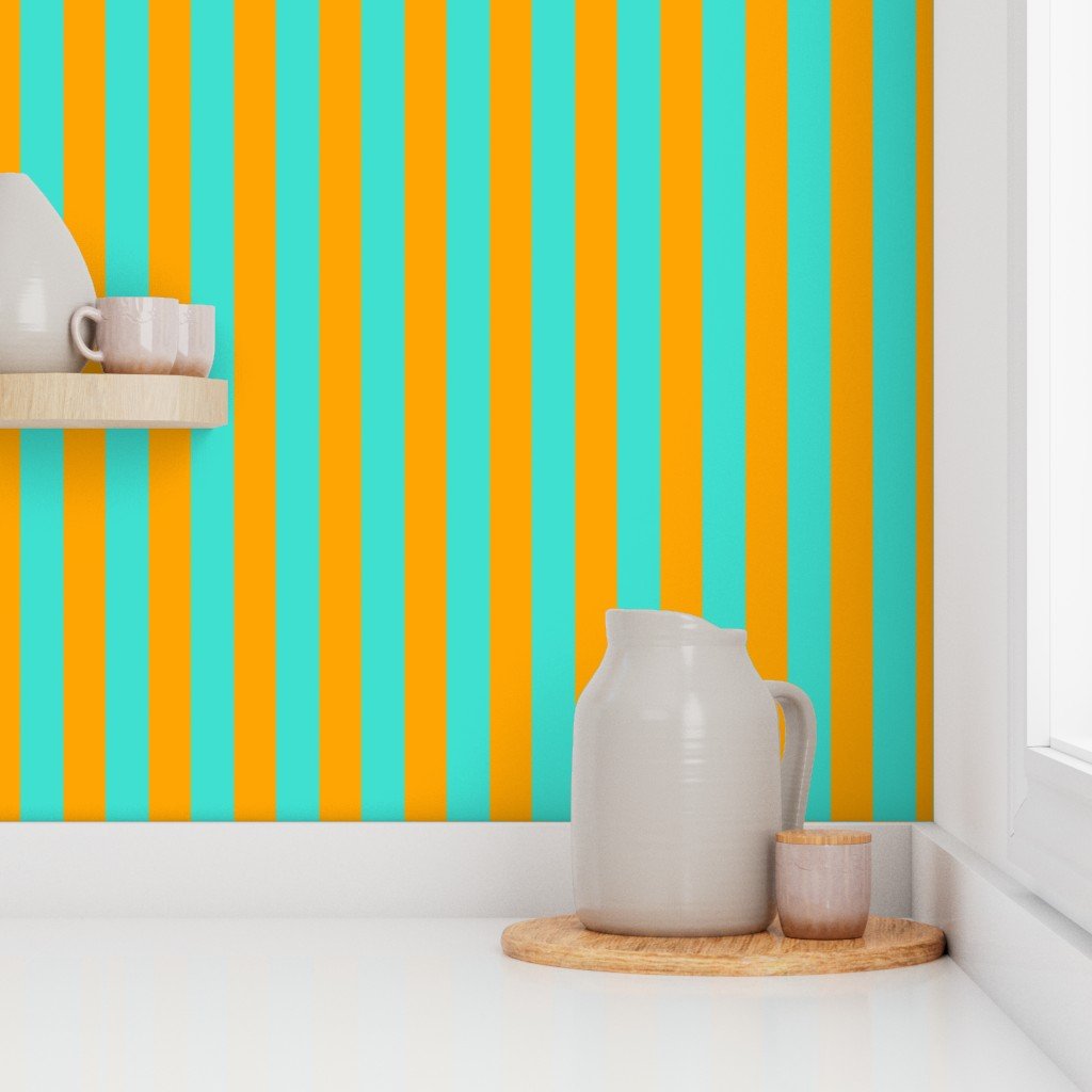 Bold Coastal Classic Turquoise and Bright Orange Cabana Tent Stripe Wallpaper