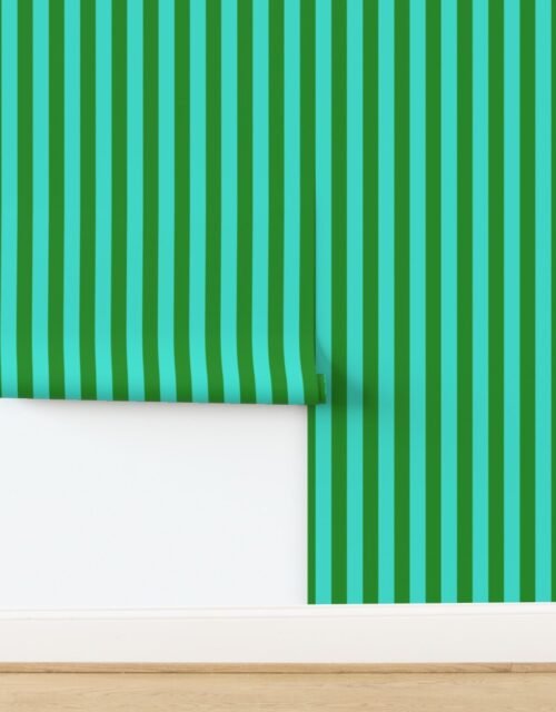 Bold Coastal Classic Turquoise and Forest Green Cabana Tent Stripe Wallpaper