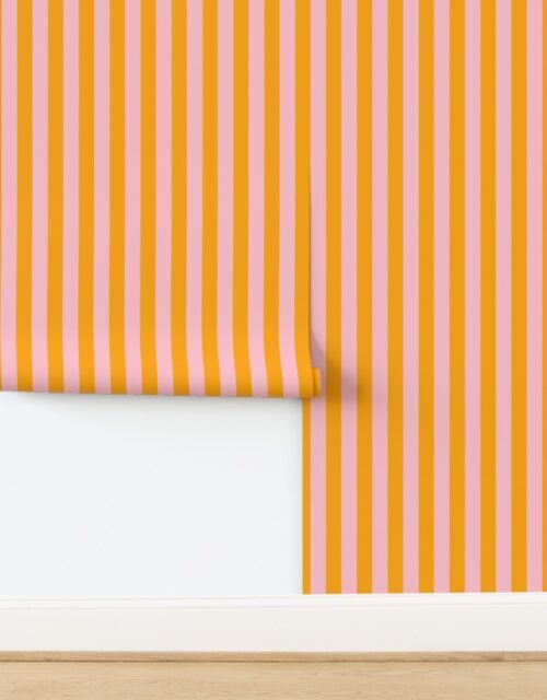 Bold Coastal Classic Pink and Bright Orange Cabana Tent Stripe Wallpaper