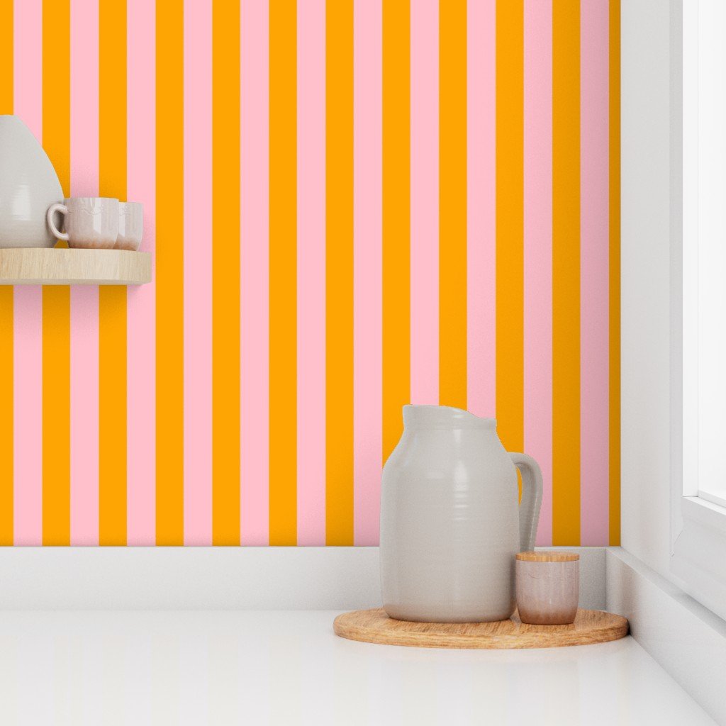 Bold Coastal Classic Pink and Bright Orange Cabana Tent Stripe Wallpaper