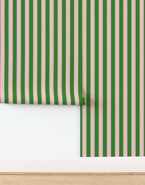 Bold Coastal Classic Pink and Forest Green Cabana Tent Stripe Wallpaper