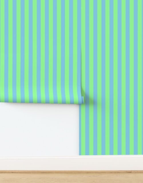 Bold Coastal Classic Mint Green and Sky Blue Cabana Tent Stripe Wallpaper
