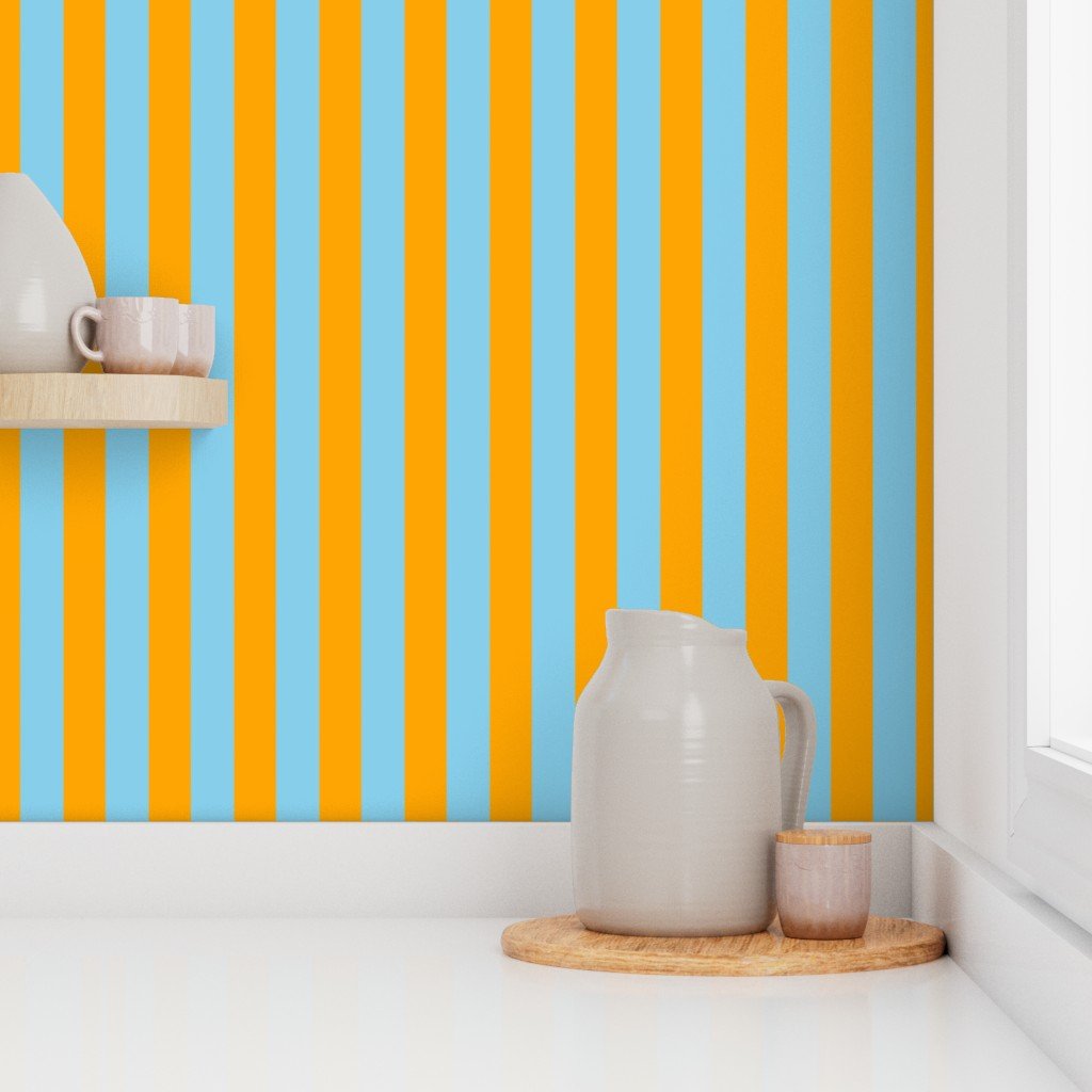 Bold Coastal Classic Sky Blue and Bright Orange Cabana Tent Stripe Wallpaper
