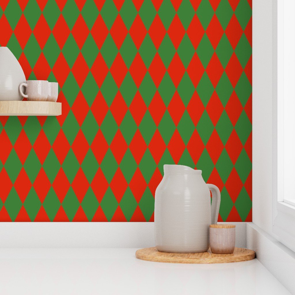 Red Green Christmas Harlequin Diamond Check 2 inch Wallpaper