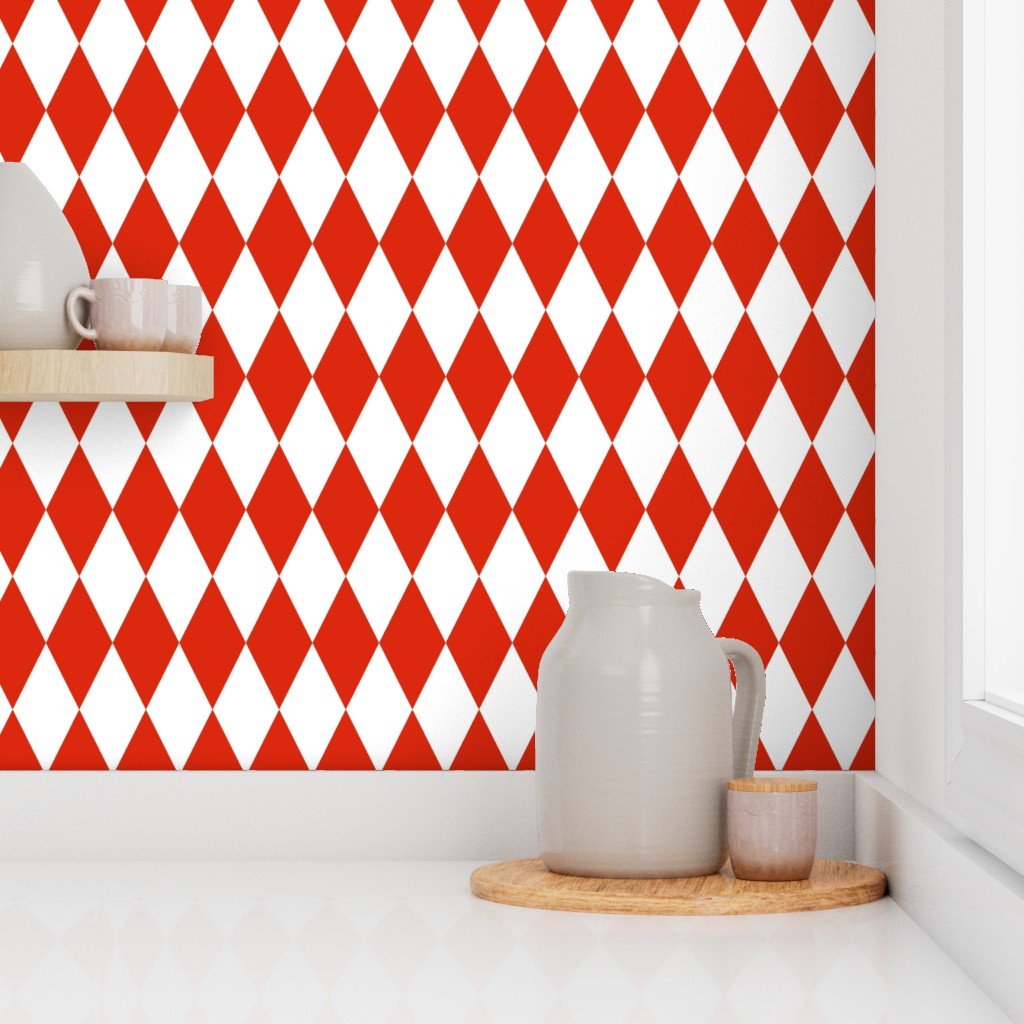 Red white Christmas Harlequin Diamond Check 2 inch Wallpaper
