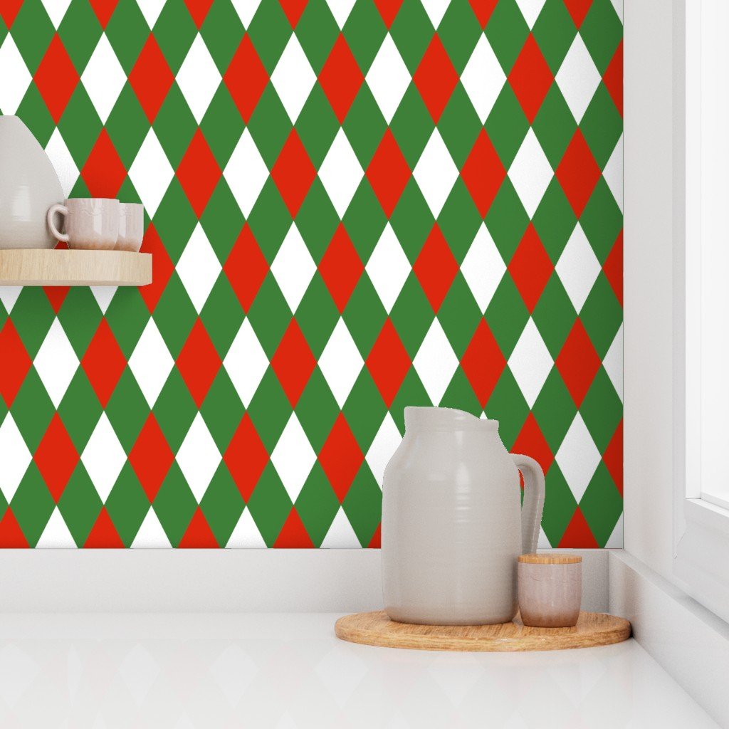 Red white Green Christmas Harlequin Diamond Check 2 inch Wallpaper