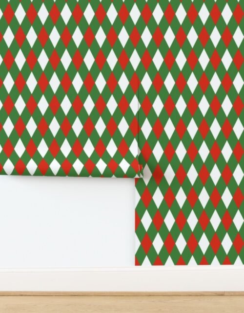 Red white Green Christmas Harlequin Diamond Check 2 inch Wallpaper
