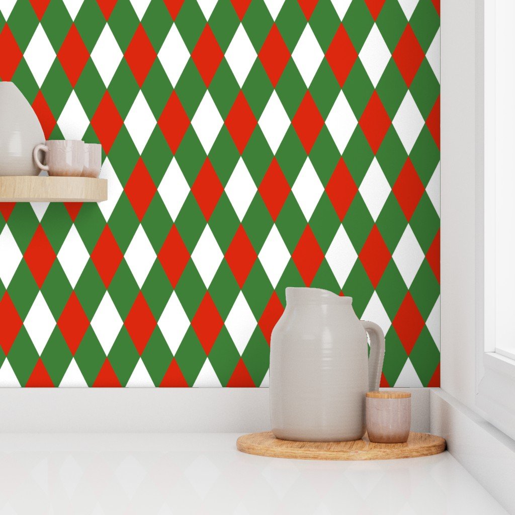 Red white Green Christmas Harlequin Diamond Check 2 inch Wallpaper