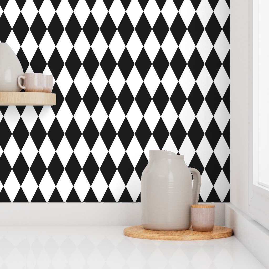 Coal Black Moody Luxe Christmas Harlequin Diamond Check 2 Inch Wallpaper