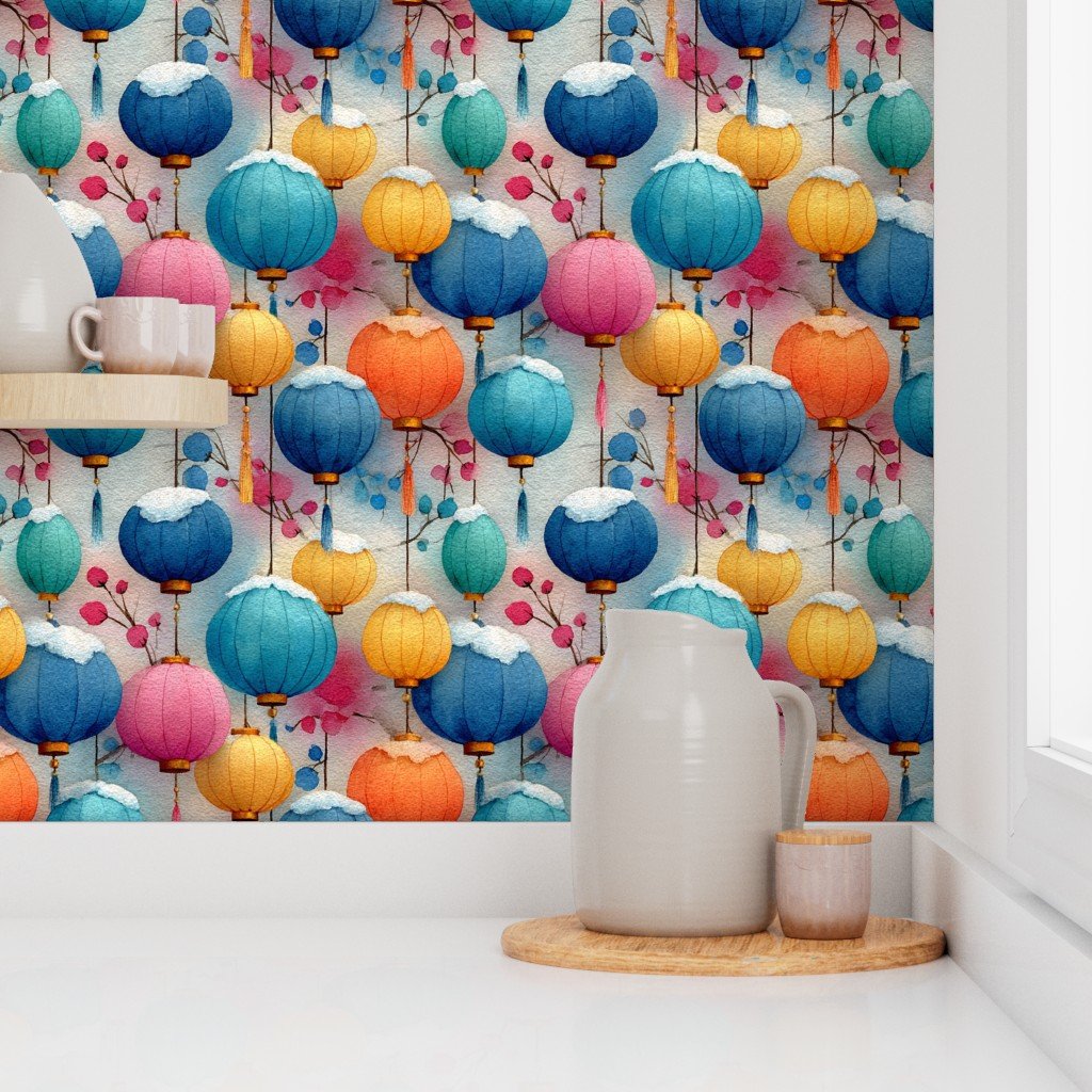 Christmas Watercolor Lanterns in Snow with Festive Winter Glow Wallpaper