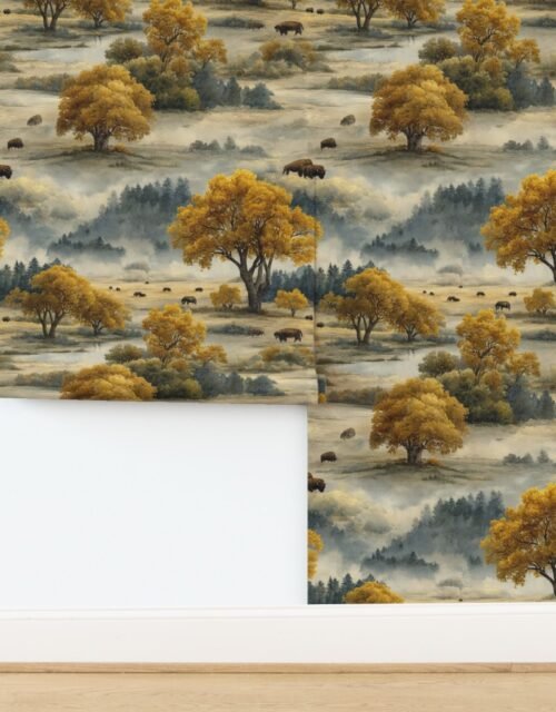 Yellowstone National Park Autumn Watercolor Bison Landscape Wallpaper