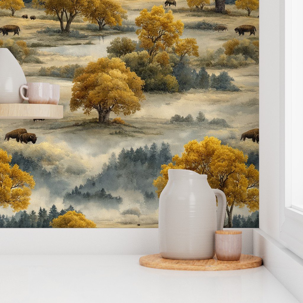 Yellowstone National Park Autumn Watercolor Bison Landscape Wallpaper