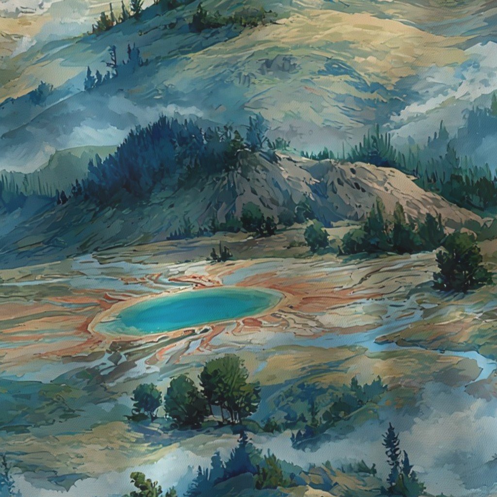 Yellowstone National Park Summer Watercolor Hot Spring Landscape