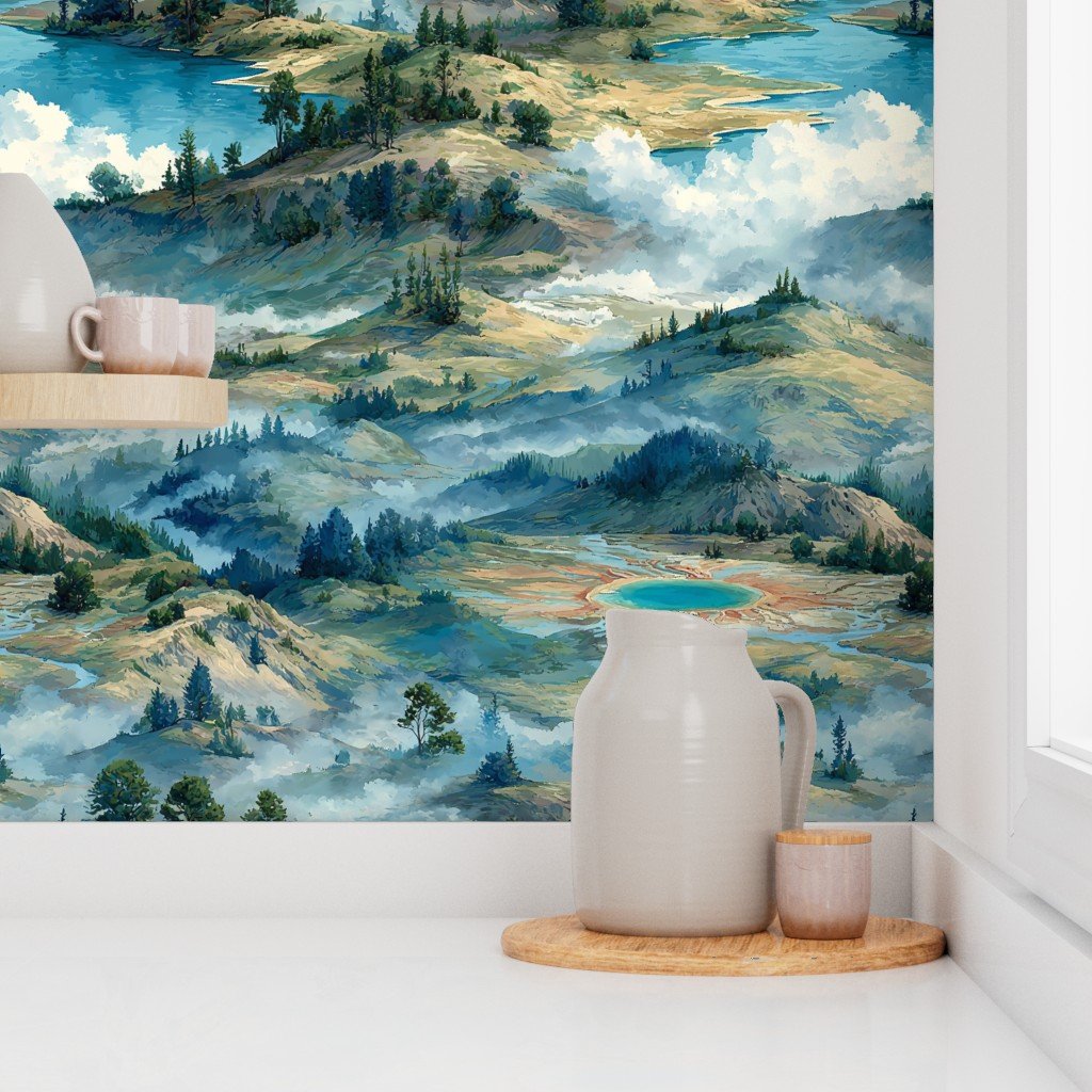 Yellowstone National Park Summer Watercolor Hot Spring Landscape Wallpaper