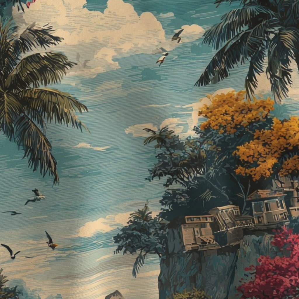 Vintage Hawaiian Tropical Watercolor Island Landscape with Palms and Ocean