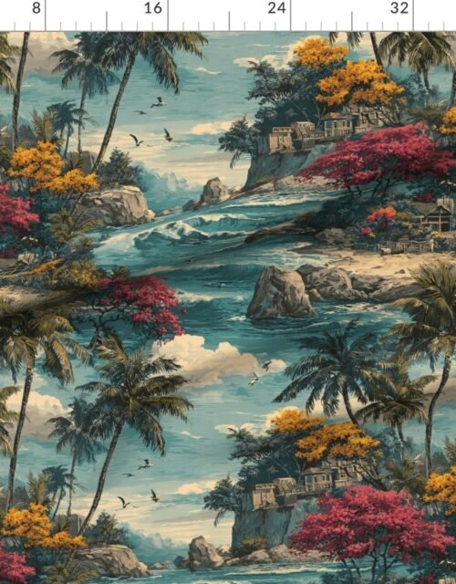 Vintage Hawaiian Tropical Watercolor Island Landscape with Palms and Ocean