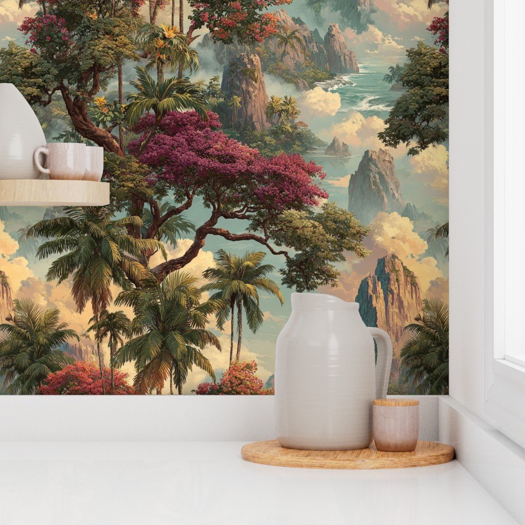 Vintage Hawaiian Watercolor Landscape with Misty Mountains and Palms Wallpaper