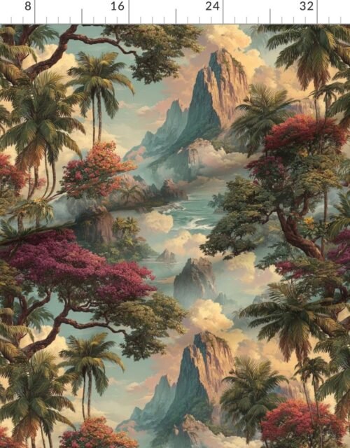 Vintage Hawaiian Watercolor Landscape with Misty Mountains and Palms
