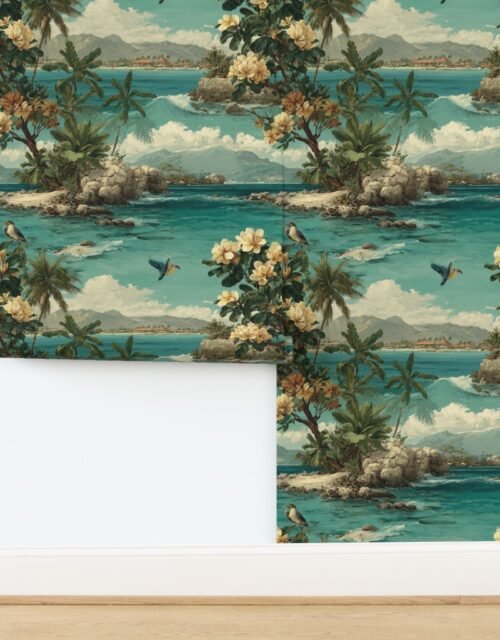 Vintage Hawaiian Watercolor Shoreline with Tropical Flowers and Rolling Wav Wallpaper