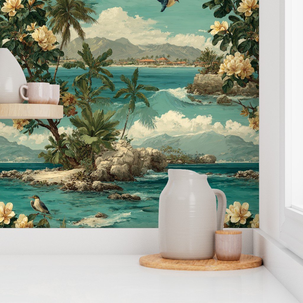 Vintage Hawaiian Watercolor Shoreline with Tropical Flowers and Rolling Wav Wallpaper