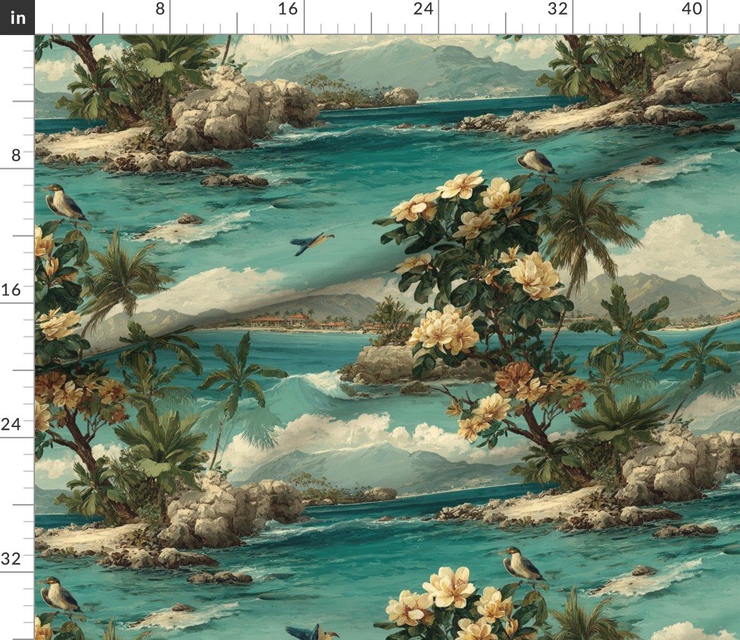 Fabric in Vintage Hawaiian Watercolor Shoreline with Tropical Flowers and Rolling Wav Fabric in Vintage Hawaiian Watercolor Shoreline with Tropical Flowers and Rolling Wav