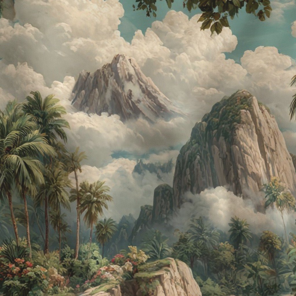 Vintage Hawaiian Watercolor Tropical Landscape with Waterfalls and Palm Val