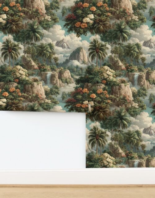 Vintage Hawaiian Watercolor Tropical Landscape with Waterfalls and Palm Val Wallpaper
