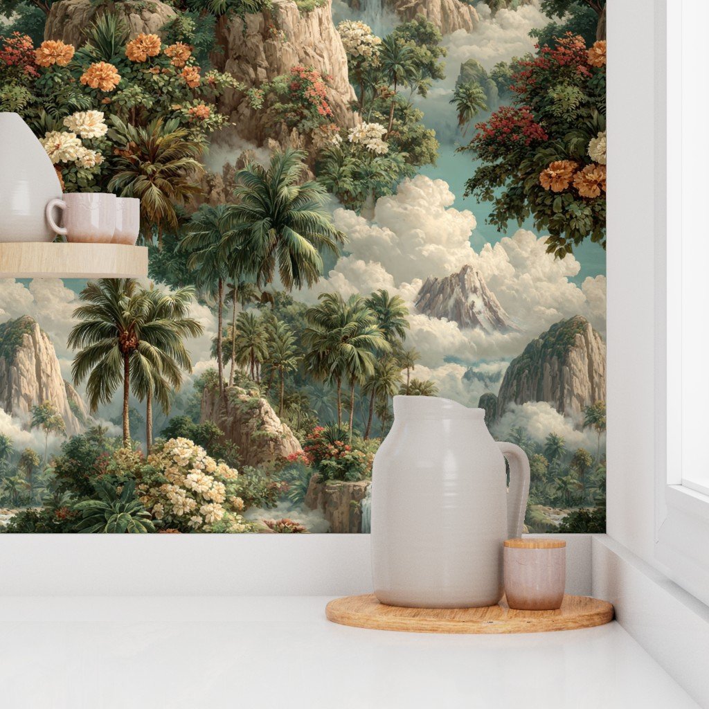 Vintage Hawaiian Watercolor Tropical Landscape with Waterfalls and Palm Val Wallpaper