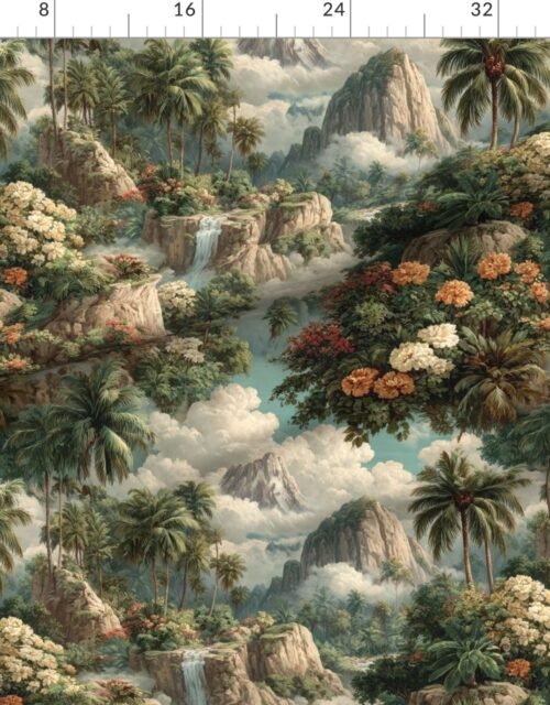 Vintage Hawaiian Watercolor Tropical Landscape with Waterfalls and Palm Val