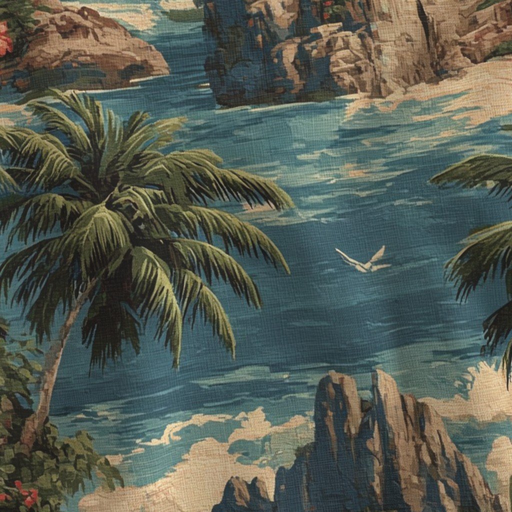 Vintage Hawaiian Watercolor Scenic Landscape with Hibiscus Flowers