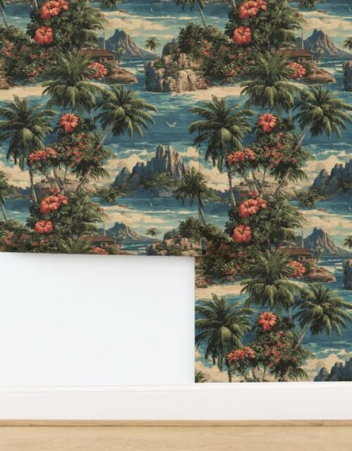 Vintage Hawaiian Watercolor Scenic Landscape with Hibiscus Flowers Wallpaper