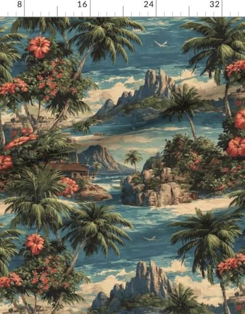 Vintage Hawaiian Watercolor Scenic Landscape with Hibiscus Flowers
