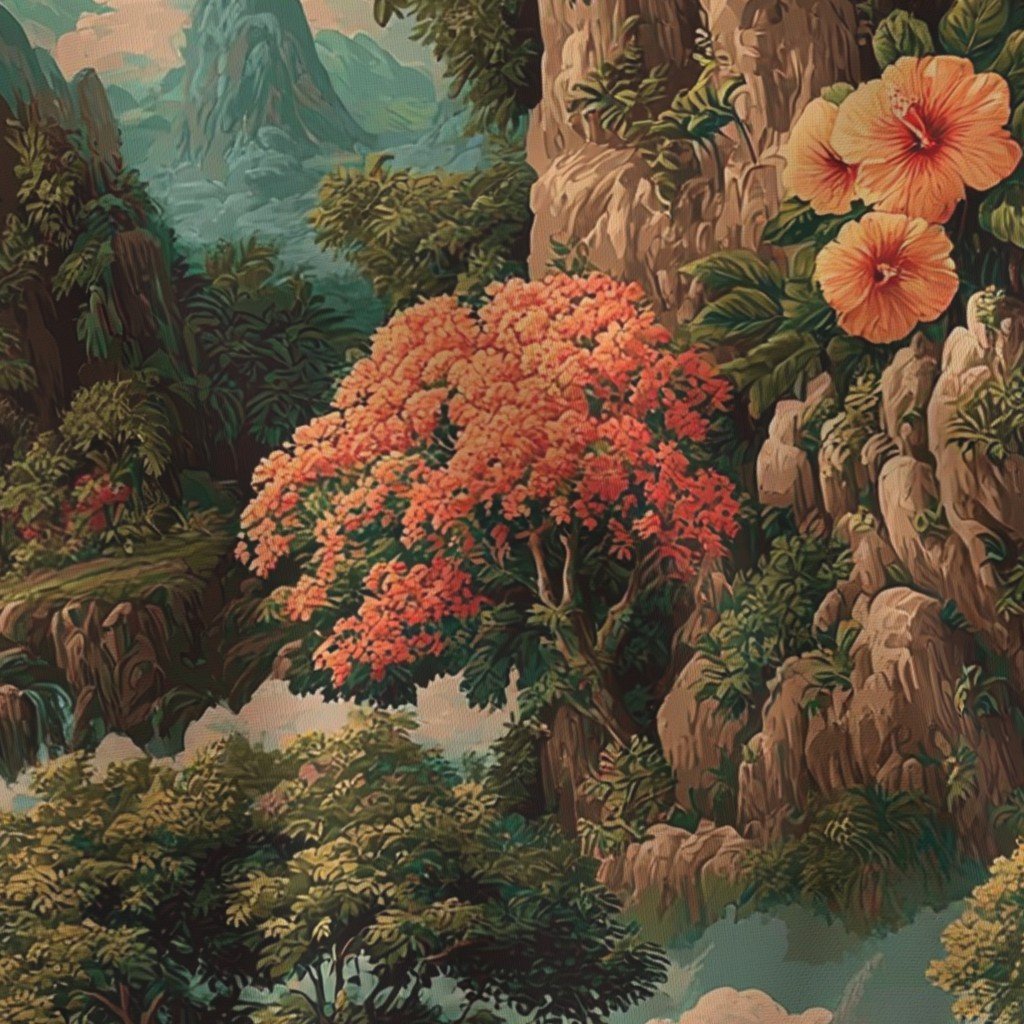 Vintage Hawaiian Watercolor Landscape with Waterfalls and Hibiscus Valleys