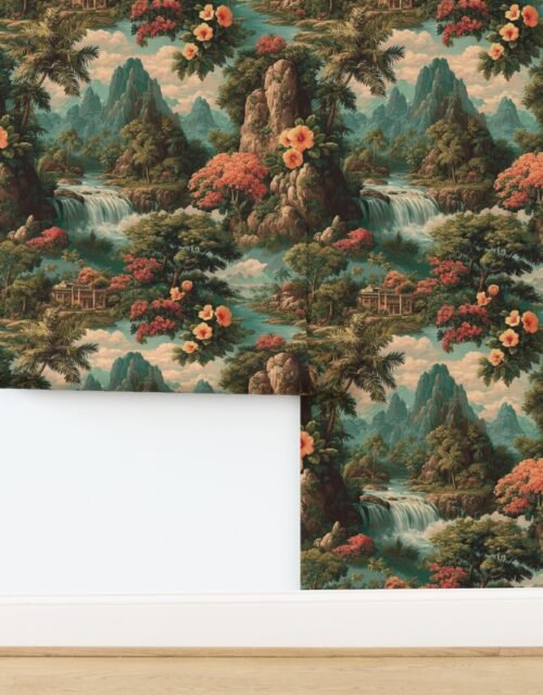 Vintage Hawaiian Watercolor Landscape with Waterfalls and Hibiscus Valleys Wallpaper