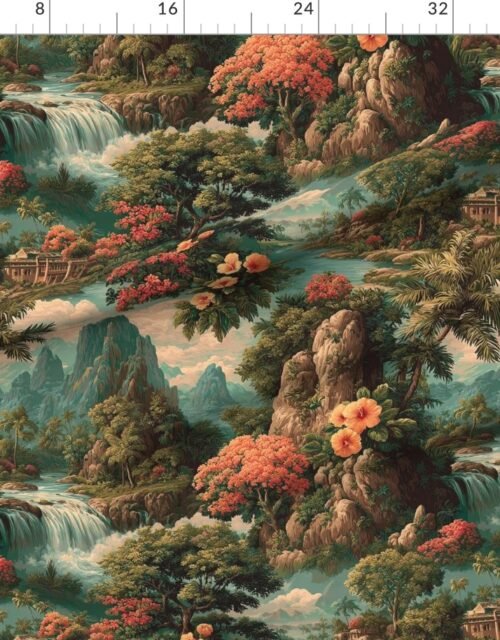 Vintage Hawaiian Watercolor Landscape with Waterfalls and Hibiscus Valleys