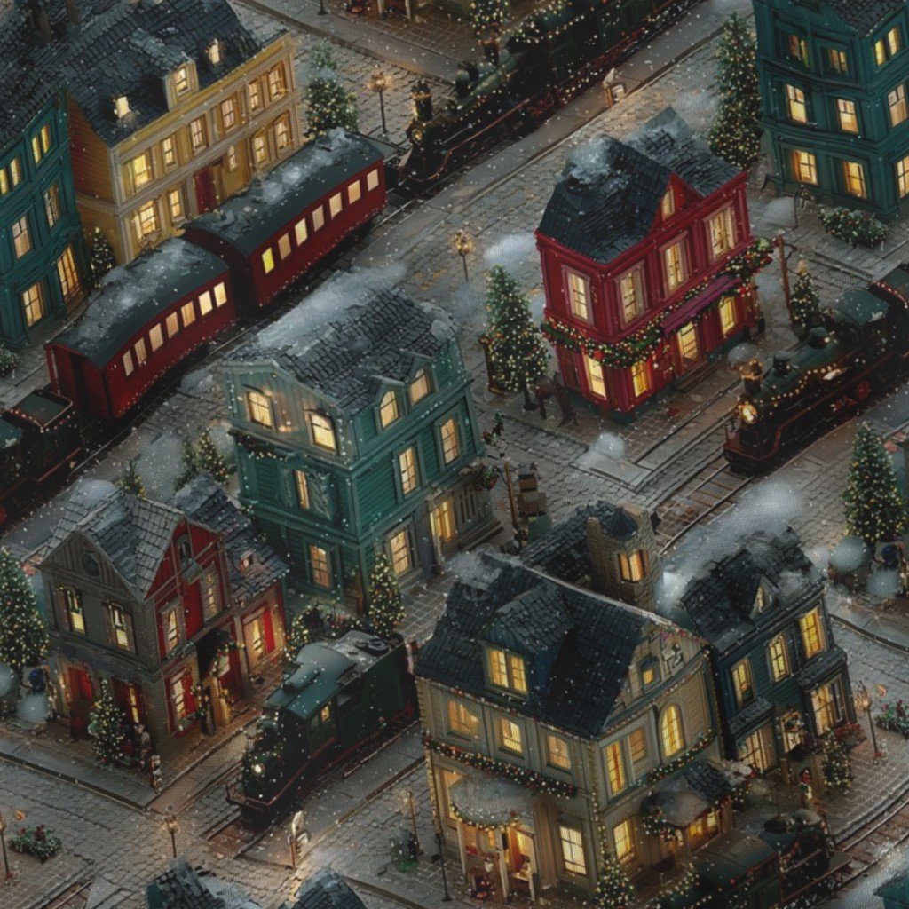Isometric Snowy Christmas Village with Festive Trains and Townhouses