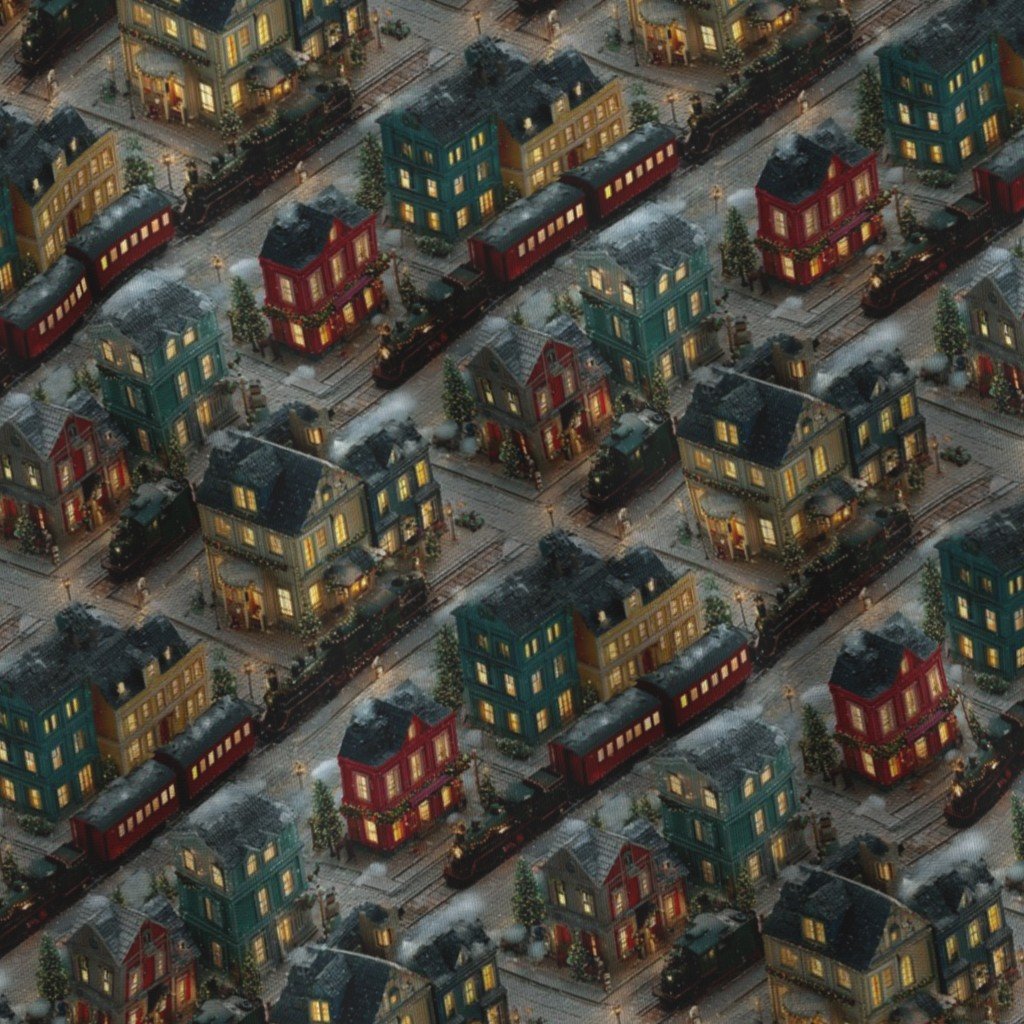 Small Isometric Snowy Christmas Village with Festive Trains and Townhouses